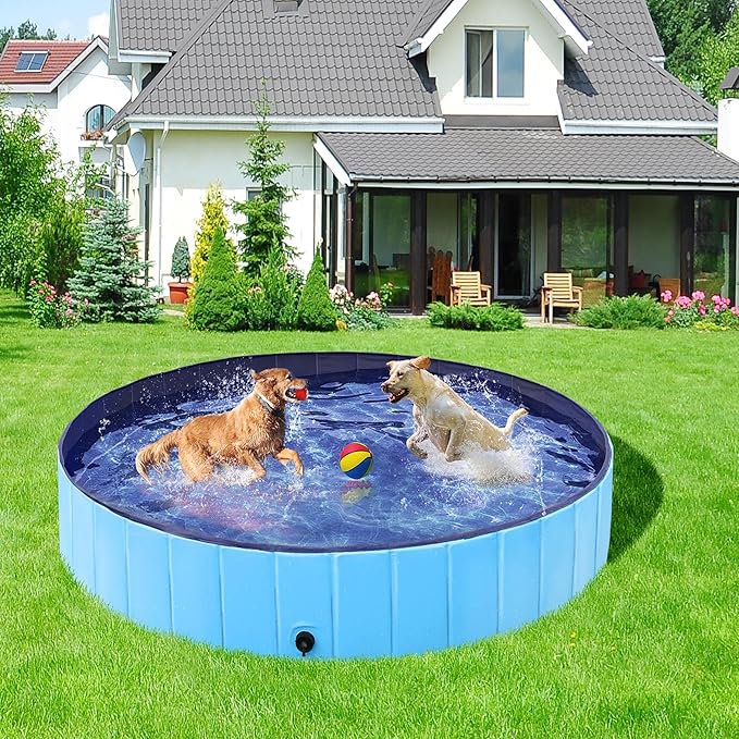 Yaheetech Foldable Dog Pools 63 x 12 Inches Collapsible Hard Plastic Pets Swimming Pool Portable Puppy Bath Tub Cat Shower Pet Wading Pool for Outdoor/Indoor w/Pet Repair Patches, Blue