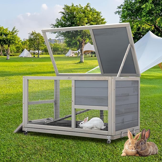 COZIWOW Wooden 36Inches Rabbit Hutch Outdoor with Wheels Bunny Cage Indoor Rabbit Cage with Clean Tray, Openable Roof, Anti-Slip Ramp for Small Bunny (Grey with Pattern)