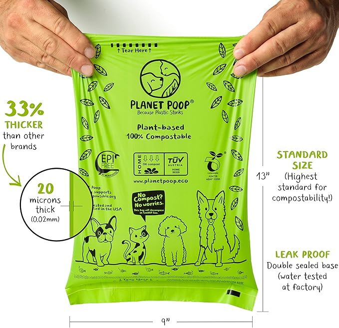 PLANET POOP Home Compostable Dog Poop Bags, Large Single Roll 300 Grab & Go, for Dogs Un-Scented Dog Waste Bags, Thick Leakproof Doggy Cat Bag, Plant-Based Pet Supplies
