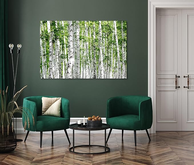 Nature Wall Art Prints - Ocean Forest Mountain Lake Canvas Landscapes - Small to Extra Large Living Room Bedroom Kitchen Bathroom Décor (Green Brich Trees, 28L" x 41W")