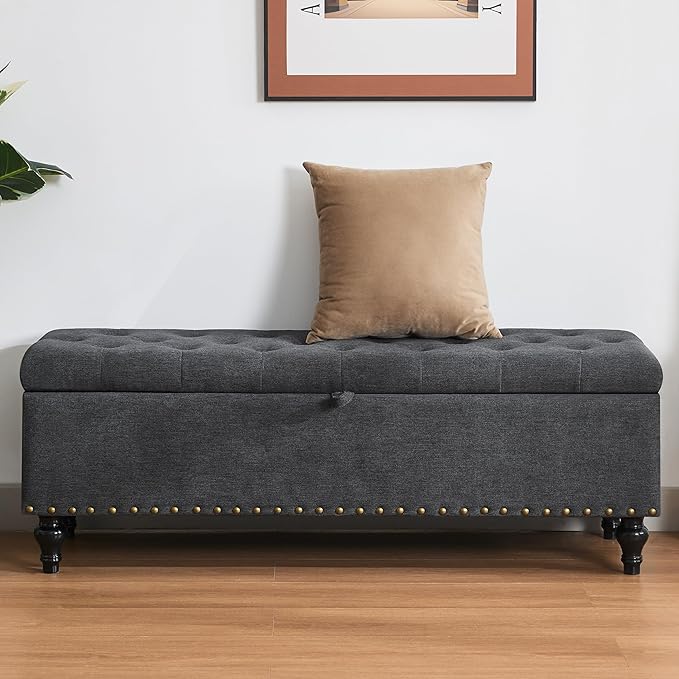 Mangodan51” Linen End of Bed Storage Bench, Tufetd Upholstered Storage Ottoman Bench with Safety Hinge, 330 lb Large Ottoman with Storages for Living Room, Entryway & Bedroom, Window Benches, Grey