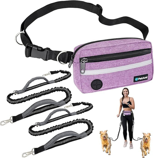 PetAmi Hands Free Dog Leash, Dog Running Leash Belt for Walking Jogging, Dog Waist Zipper Pouch Fanny Pack with Poop Bag Dispenser, Dual Padded Handle Bungee Leash for Small Medium Large Dogs, Double