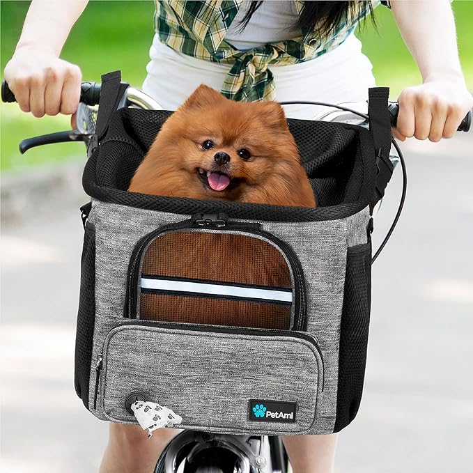 PetAmi Dog Bike Basket, Soft-Sided Ventilated Dog Bike Carrier Backpack, Pet Bicycle Basket for Bike Handlebar, Small Medium Puppy Cat Kitten Car Booster Seat with Safety Strap, Max 18 lbs, Gray