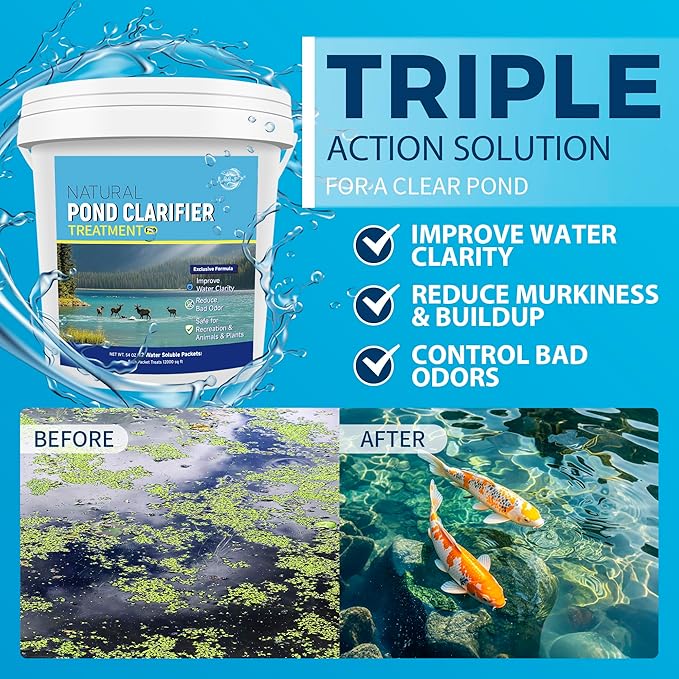 Pond Clarifier Treatment – 12 Packets Natural Pond Water Clear for Outdoor Lakes – Beneficial Enzymes to Improve Water Clarity & Eliminate Odor – Treats Up to 144000 Sq Ft