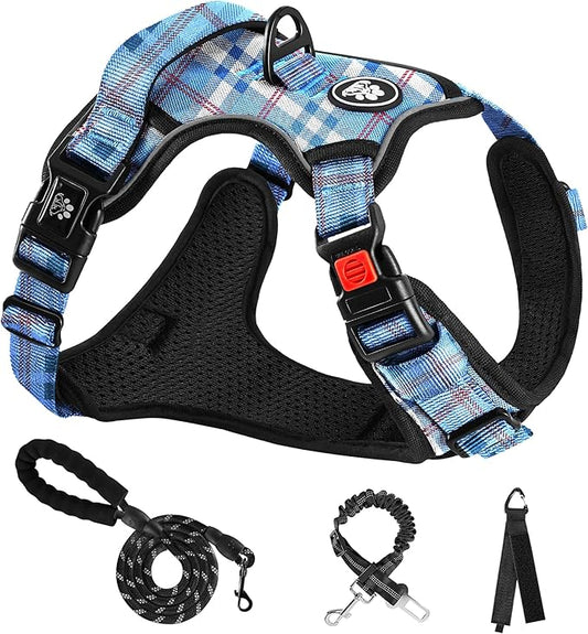 NESTROAD No Pull Dog Harness with Leash, Reflective No Choke Pet Vest Harness,Adjustable Soft Padded Dog Harness with Easy Control Handle for Large Dogs(Checkered Blue,Large)