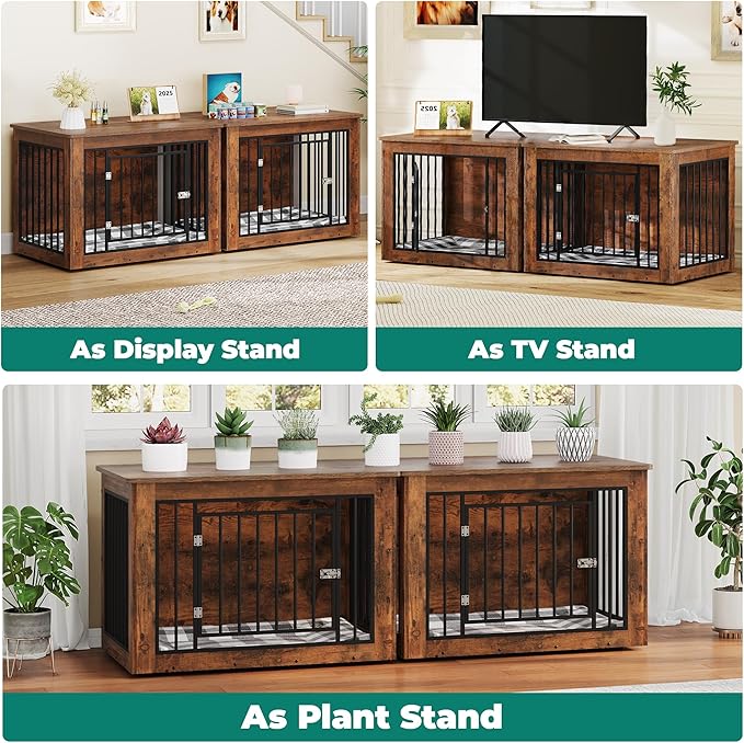 YITAHOME 76 Inch Double Dog Crate Furniture, XXL Dog Crate Furniture for 2 Dogs, Side End Table, Waterproof, Safety Corners, 2-in-1 Iron-Wood Fusion Dog Kennel Furniture for 2 Large Dogs,Rustic Brown