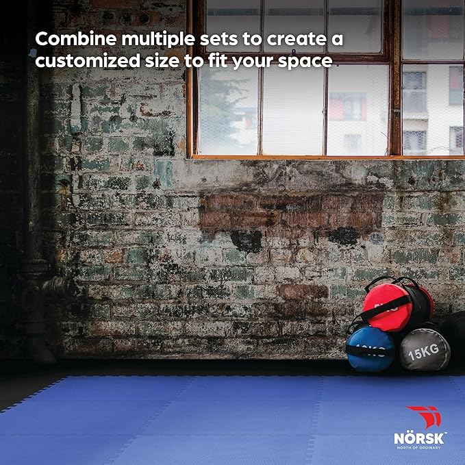 Norsk Reversible Gym Exercise Mats 3/4" Thick EVA Interlocking Foam Tiles, Perfect Home Gym Flooring, 36 Tiles & 72 Trim Pieces, 144 Sq. Ft. Reversible, Dazzling Blue/Black