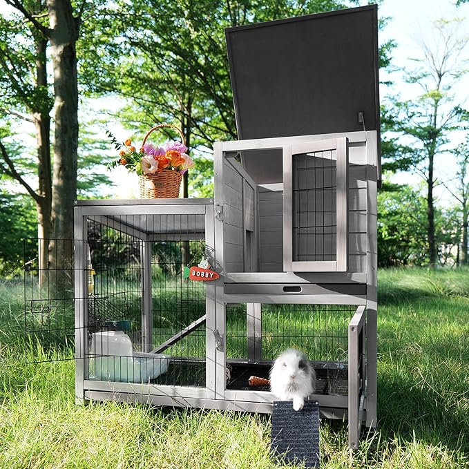 Rabbit Hutch Indoor Bunny Cage Outdoor House with Urine Guards and 2 Trays for Small Animals Guinea Pigs