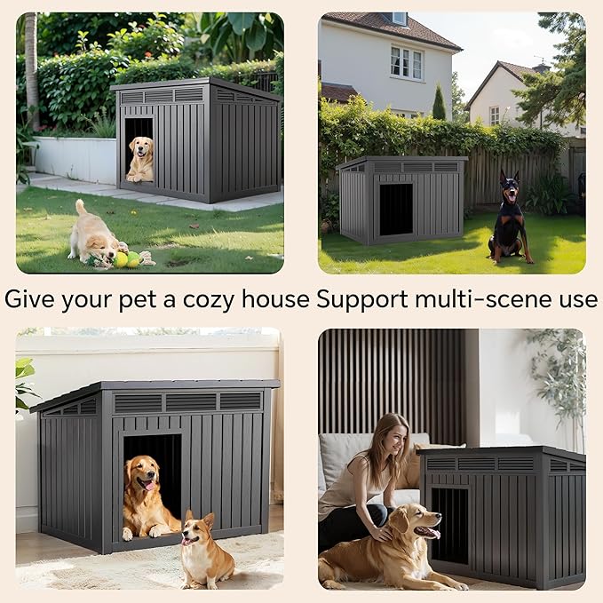 VIXZEN Dog House Indoor Outdoor,Waterproof Dog House for Small to Large Dogs,Doghouse with Air Vents and Elevated Floor,Openable at The Top,Easy to Assemble and Clean,Black,42.87"×32.95"×31.61"