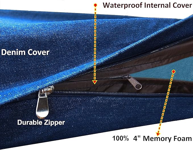Dogbed4less Luxury Extra Large Orthopedic Memory Foam Dog Bed for Large Dogs with Durable Waterproof Internal Case, Removable Washable Denim Cover and Extra Bonus Pet Bed Cover, XL 40X35X4, Blue