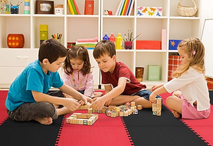 Norsk Reversible Gym Exercise Mats 3/4" Thick EVA Interlocking Foam Tiles, Perfect Home Gym Flooring, 32 Tiles & 64 Trim Pieces, 128 Sq. Ft. Reversible, Red/Black