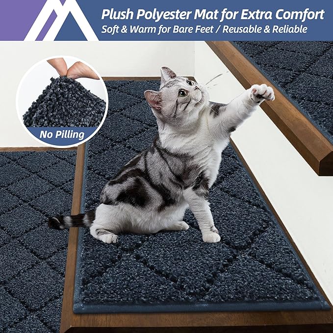 COSY HOMEER Edging Stair Treads Non-Slip Carpet Mat 28inX9in Indoor Stair Runners for Wooden Steps, Edging Stair Rugs for Kids and Dogs, 100% Polyester TPE Backing (4pc, Navy)