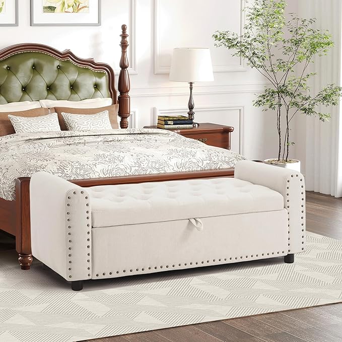 Ottoman with Storage, Tufted Storage Bench for Bedroom, 48" Fabrics End of Bed Bench, Upholstered Entryway Shoe Benches with Rolled Arm & Inner Zipper, Window Ottomans Chest with Rivets, Beige