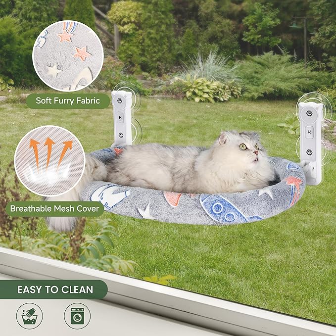 2 Pack Cat Window Perch, Glow in The Dark Foldable Cat Hammock with Cozy Pad Bed, Breathable Cordless Window Seat with Stud Metal Frame for Large Cats and Kitten (Cushion Bed, 2 Pack - L)