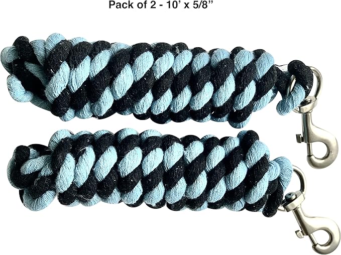 Majestic Ally Pack of 2 Solid Cotton Lead Rope for Horses & Livestock – 10 Foot Long and 5/8 inch Thick - Replaceable Heavy-Duty Satin Bolt Snap – Handmade – Soft, Broken in Feel (Sky Blue - Black)