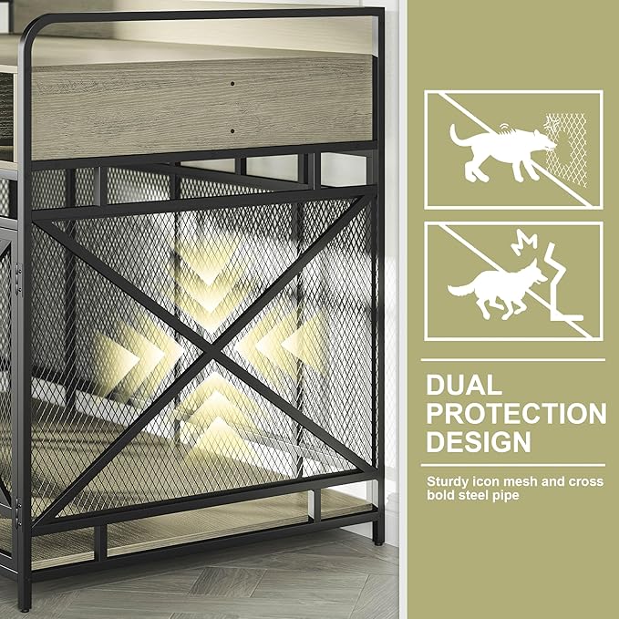 Dog Crate Furniture, 48" Heavy Duty Wooden Dog Crate End Table, XL Dog Kennel Furniture Large Breed, Decorative Dog Kennel Indoor with 3 Drawers & Steel Tubes 48" L x28 W x38 H (Grey)