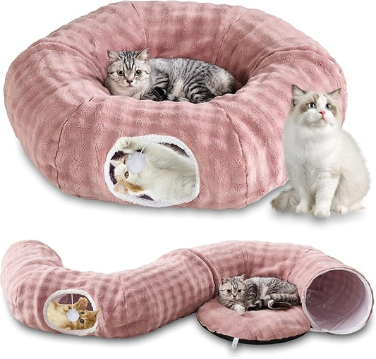 Bubble Cat Tunnel for Indoor Cats, Round Peekaboo Cave Toy with Dangling Balls, Donut Tunnel Bed with Circle Mat for Puppy Kitten Rabbit, Dusty Pink