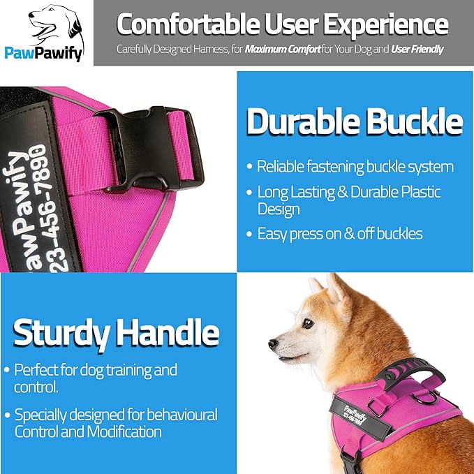 PawPawify Custom No Pull Dog Harness with Name and Phone Number, Heavy Duty Personalized Pet Vest to Prevent Tugging, Pulling, or Choking, Training and Walking (New Pink, XS (5-9LBS))