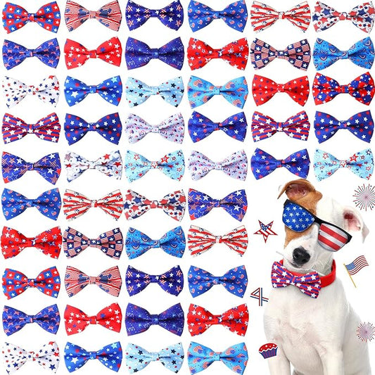 Hillban 50 Pcs Patriotic Collar Dog Bow Ties Blue and Red Star Print Dog Collar Accessories Bow Ties Attachment with Elastic Bands Detachable Charms for Pets Collar 4 of July Costume