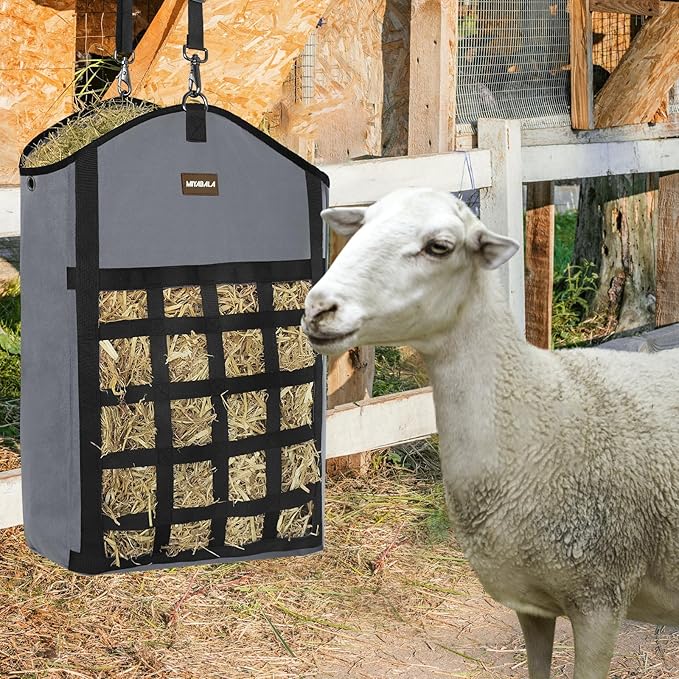 Hay Bags for Horses,3 Packs Slow Feed Hay Bags for Goats,Sheep,Donkey,Premium Oxford Hay Feed Bags with Front Hay Nets Design, Easy to Fill and Hang with Large Opening (1 Black+2Grey)