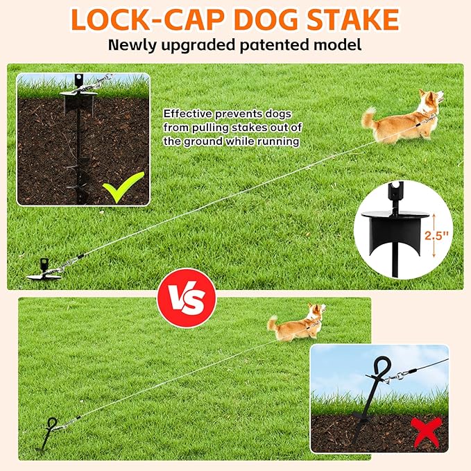 Snagle Paw Dog Tie Out Cable & Stake with Lock Cap - 30ft Heavy Duty Rust Proof Cable, 360° Swivel Dog Yard Leash & Stake Up to 220 lbs - Ground Anchor for Yard, Beach, Camping & Outdoor Use