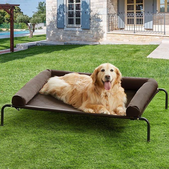 RRPETHOME Large Elevated Cooling Dog Bed, Raised Dog Cot Beds for Large Dogs, Elevated Outdoor Pet Bed, Chew Proof Portable Cooling Pet Cot with Skid-Resistant Feet and Breathable Mesh