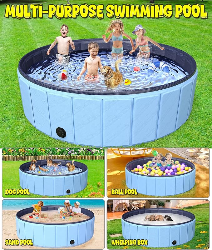 Large Foldable Dog Pool 87"x16", Hyperzoo Oversize Foldable Dog Swimming Pool, Hard Plastic PVC Leakproof Doggie Wading Collapsible Pet Bathing Tub for Puppy Small Medium Large Dogs and Kids, Blue