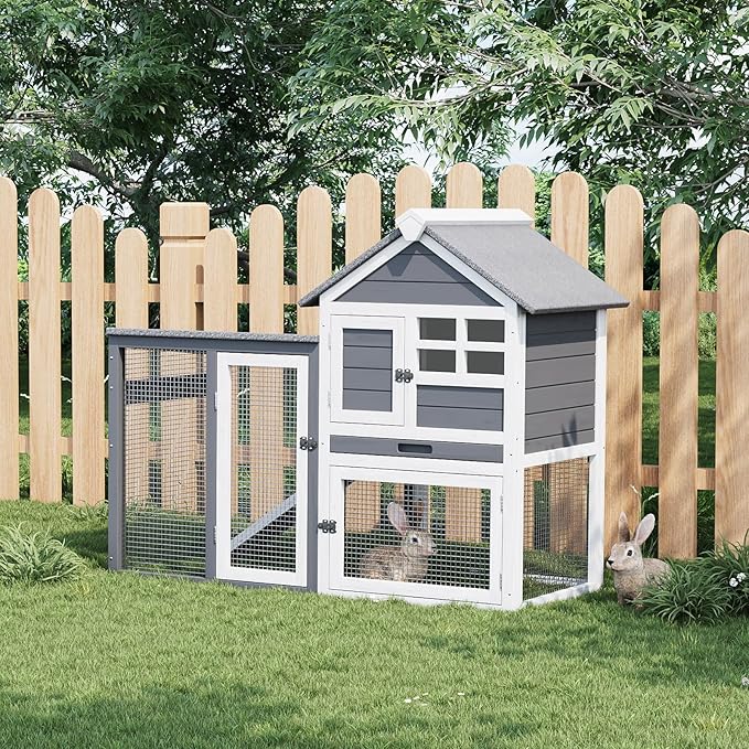 Rabbit Hutch 2-Tier, Small Wooden Chicken Coop for Outdoor Use - Weatherproof Small Animal Hutch with Non-Slip Ramp, 4 Access Doors & Removable Tray for Rabbits, Guinea Pigs, Ferrets (Indoor/Outdoor)