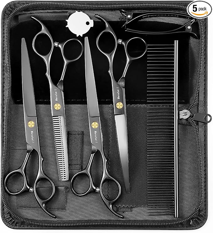 Professional Dog Grooming Scissors Set - 6.5" Thinning, 7" Straight, 7" Up-Curved, 7" Down-curved Scissors and Comb for Dog Cat Pet (Black)