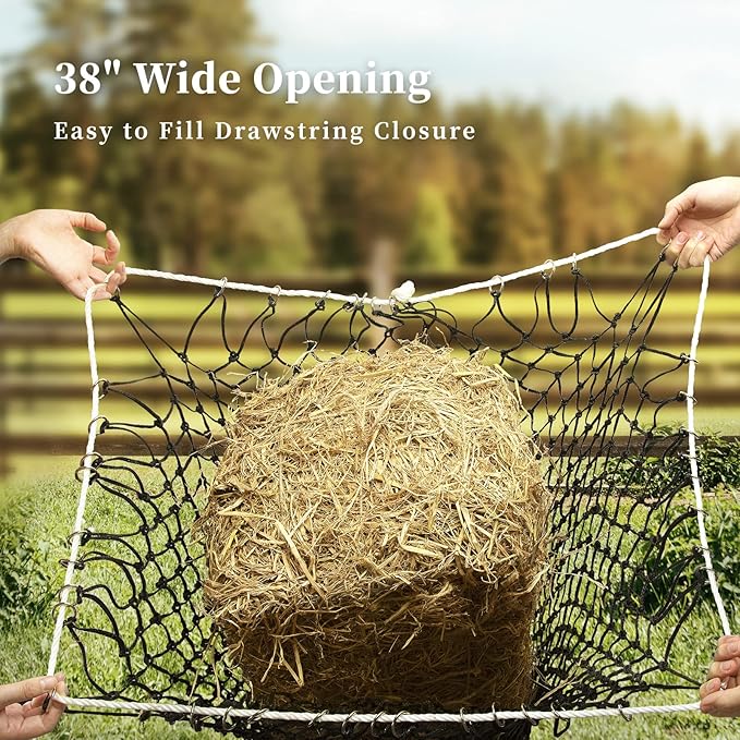 Bloomoak Slow Hay Net Feeder for Horses, Durable Soft Black PE 2/3 String Hay Bales Bags, Fit 36x18x18 to 47x25x17 Inches, Extends 50-64 Inches (3 1.6" Hole/1PC)