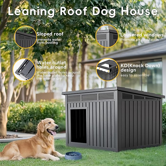 VIXZEN Dog House Indoor Outdoor,Waterproof Dog House for Small to Large Dogs,Doghouse with Air Vents and Elevated Floor,Openable at The Top,Easy to Assemble and Clean,Black,42.87"×32.95"×31.61"