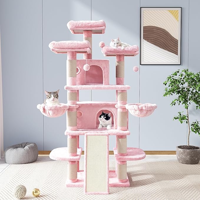 Allewie 68 Inches Cat Tree/House and Towers for Big Feline/Scratching Post/Multi-Level Large Kitty Climbing Tree with Condo/Pink