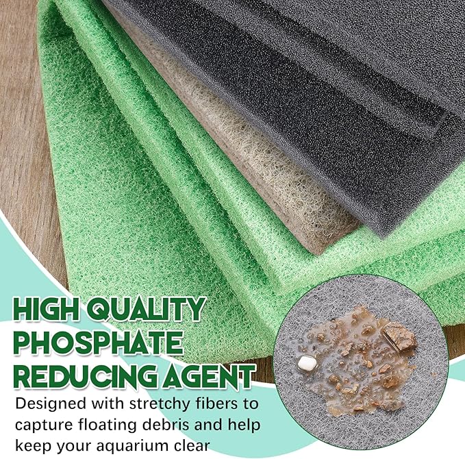 Treela 4 Pcs 18 x 10 Inch Aquarium Filter Pads Ammonia Phosphate Nitrite Remover Reducer Filter Pads Cut-to-fit for Aquariums & Ponds Fish Tank Accessories (Green,Gray,Khaki,Black)
