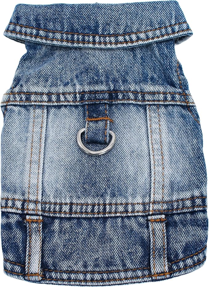 Puppy Clothes for Small Dogs Boy,Classic Western Denim Dog Coat,Dog Jeans Jacket with Leash D-Ring,Pet Cat Costumes,Cooling Harness Vest for Walking (Blue, X-Large)