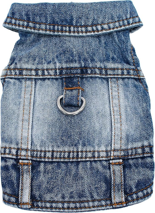 Puppy Clothes for Small Dogs Boy,Classic Western Denim Dog Coat,Dog Jeans Jacket with Leash D-Ring,Pet Cat Costumes,Cooling Harness Vest for Walking (Blue, X-Large)