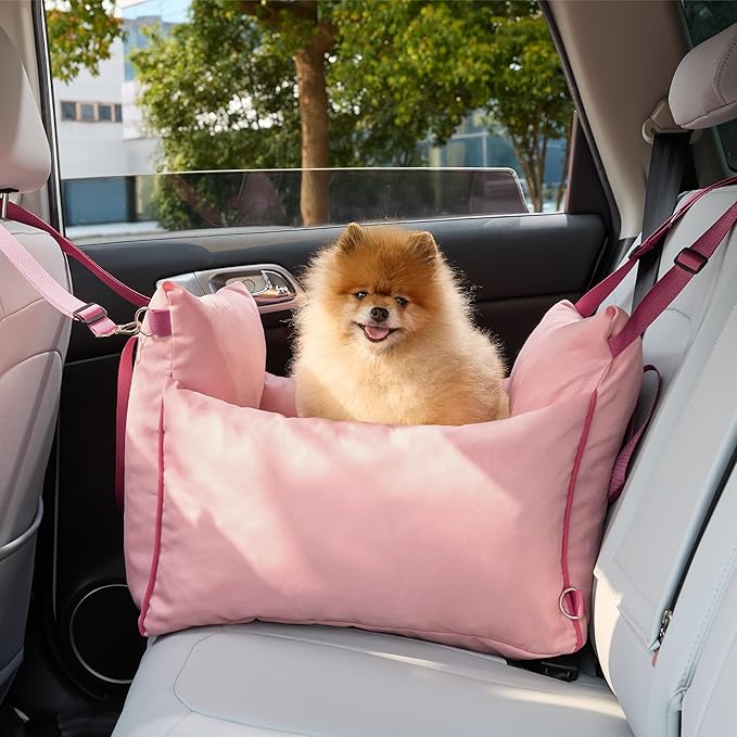 Lesure Small Dog Car Seat for Small Dogs -Soft Dog Booster Seat for Car with Storage Pocket and Clip-On Safety Leash and Thickened Memory Foam Filling, Pet Travel Carrier Bed Strawberry Cream