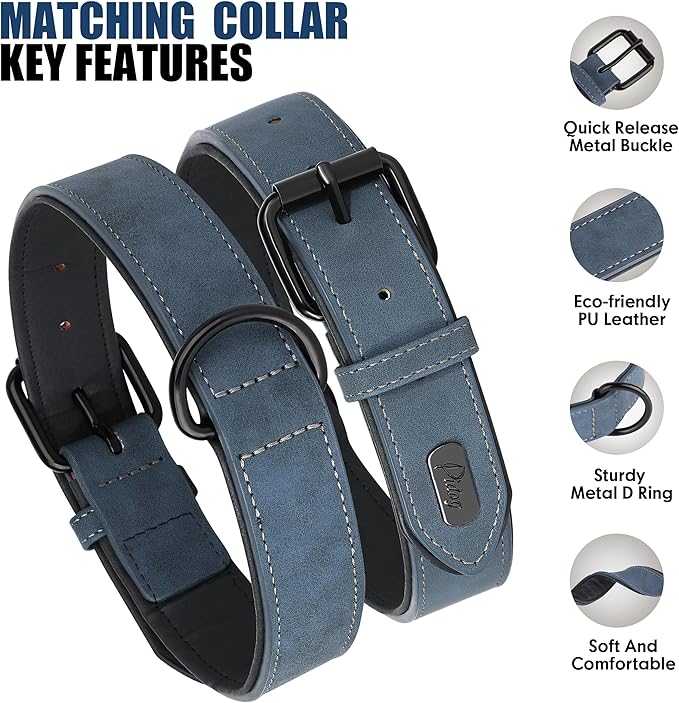 Didog Soft Padded Leather Dog Collar and Leash Set, Adjustable Dog Leash and Collar Set with Metal Buckle, Breathable Dog Collars with 4FT Faux Leather Dog Leash for Small Medium Large Dogs, Blue, XL