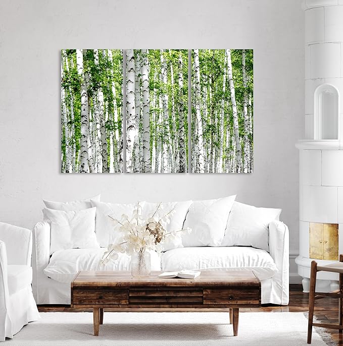 Nature Wall Art Prints - Ocean Forest Mountain Lake Canvas Landscapes - Small to Extra Large Living Room Bedroom Kitchen Bathroom Décor (Green Brich Trees, 55L" x 83W"- 3 Panels)