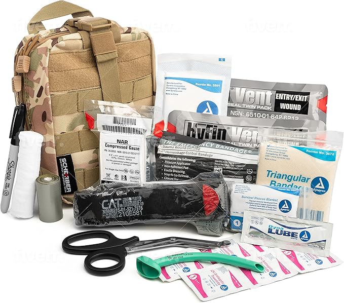 Scherber Premium IFAK Kit Trauma Pack Fully Stocked MOLLE Pouch w/CAT Tourniquet, HyFin Vent Chest Seal, & Israeli Bandage Trauma Kit for Emergency, Gunshot, Bleeding, & Major Wound Care (Camouflage)