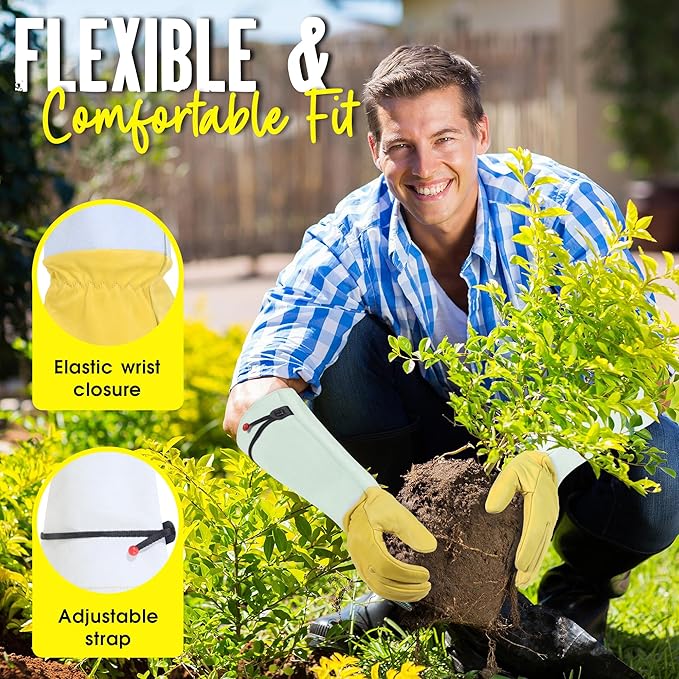 HANDLANDY Rose Gloves for Men & Women, Long Leather Gardening Gloves Thorn Proof, Best Garden Gifts & Tools for Gardener (Yellow-beige, Small (Pack of 1))