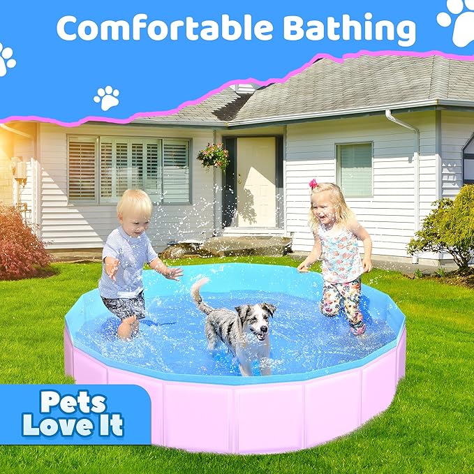 2025 Updated Foldable Dog Pool, 39.5" x 12" Kiddie Pool with Hard Plastic, Non-Slip Dog Bath Tub for Outdoor Backyard, Collapsible Dog Swimming Pool for Kids Dogs Pets (Pink)