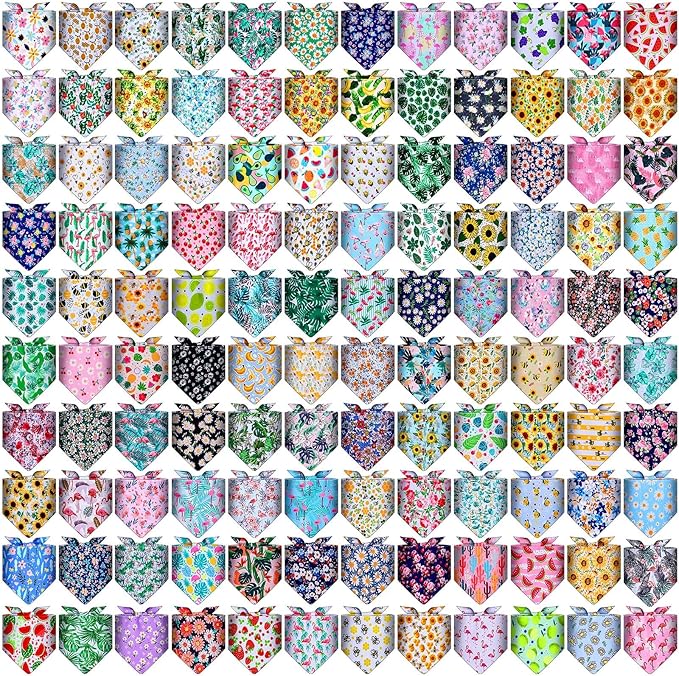 Amylove 120 Pcs Halloween Dog Bandanas Bulk Holiday Triangle Dog Pack Puppy Kerchief Bandana Adjustable Pet Scarf for Pet Cat Costume Accessories Decor(Flower)