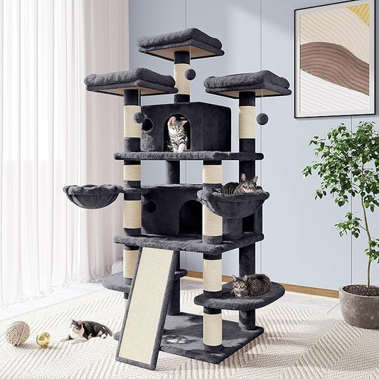 Allewie 68 Inches Cat Tree/House and Towers for Big Feline/Scratching Post/Multi-Level Large Kitty Climbing Tree with Condo/Smokey Grey