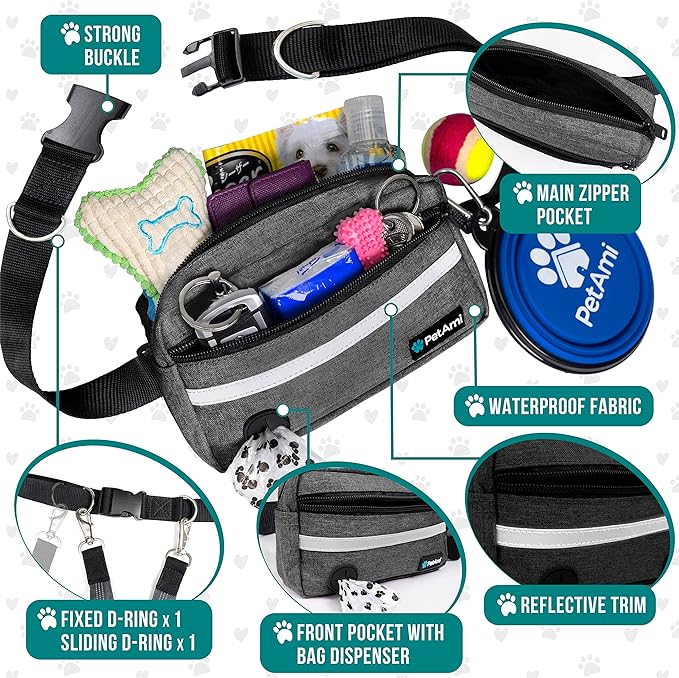 PetAmi Hands Free Dog Leash, Dog Running Leash Belt for Walking Jogging, Dog Waist Zipper Pouch Fanny Pack with Poop Bag Dispenser, Dual Padded Handle Bungee Leash for Small Medium Large Dogs, Double