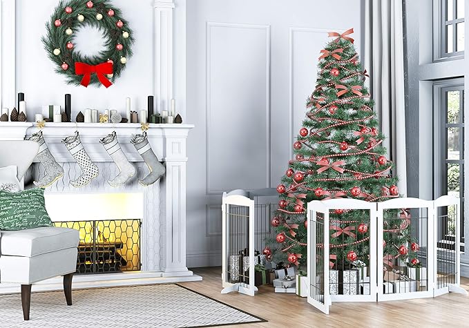 Spirich Free Standing Foldable Wire Pet Gate for Dogs, 80 inches Extra Wide, 30 inches Tall 4 Panels Dog Gate for the House, Doorway, Stairs, Pet Puppy Safety Fence,Set of Support Feet Included, White