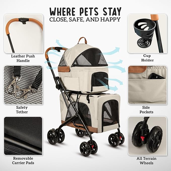 Double Pet Stroller with Detachable Carriers - Ideal for 2 Dogs or Cats - Compact & Convenient Design - Easy Assembly Double Dog Stroller - Cosmic Beige