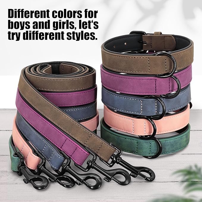Didog Soft Padded Leather Dog Collar and Leash Set, Pink Breathable Pet Collars with 4FT PU Leather Dog Leash for Small Medium Large Dogs, Pink, XL