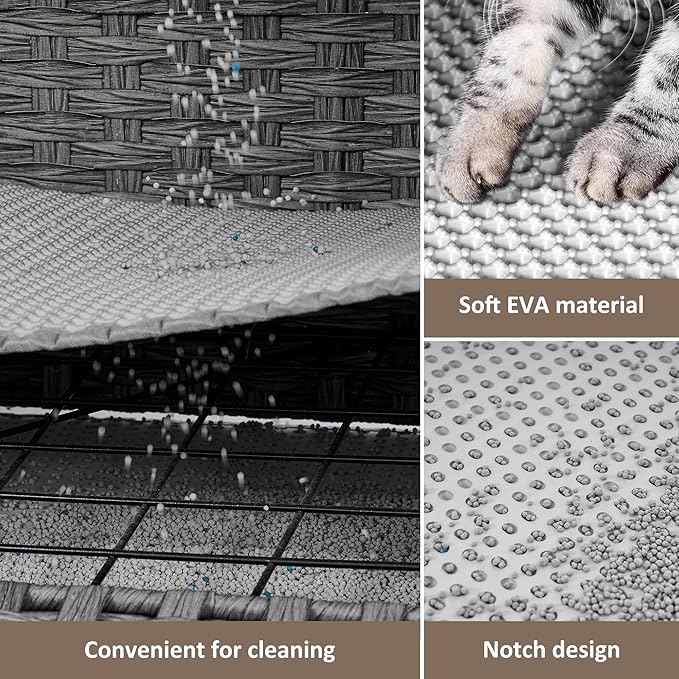 Cat Litter Box Enclosure with Soft Litter Mat; Hidden Kitten Washroom Furniture with Door; Handwoven Rattan Cat House; Pet Crate for Living Room, Bedroom, Balcony (Grey)
