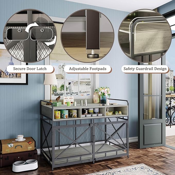 Dog Crate Furniture, 48" Heavy Duty Wooden Dog Crate End Table, XL Dog Kennel Furniture Large Breed, Decorative Dog Kennel Indoor with 3 Drawers & Steel Tubes 48" L x28 W x36 H (Grey)