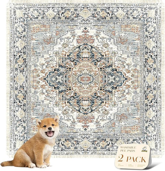 nunubaby Washable Pee Pads for Dogs, Stylish, Non-Slip and Leak-Proof Pee Pads. Reusable Potty Pads for Dogs for Crates and Floors.(Beige/Multi, 48" x48" )